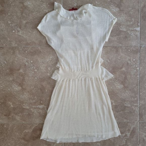 [SOLD]Vivienne Tam Cream Sheer Short-Sleeved Ruffle Tiered Knit Dress - Small - Picture 3 of 8